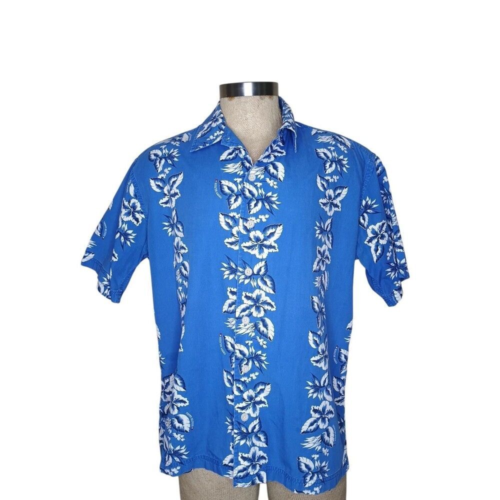 Tommy Hilfiger Hawaiian Shirt Mens L Blue Floral Short Sleeve Vintage Y2K
